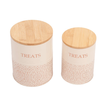 Country Living Dog Treat Canisters Set Of 2 Carbon Steel Jars With Bamboo Lids White Swan