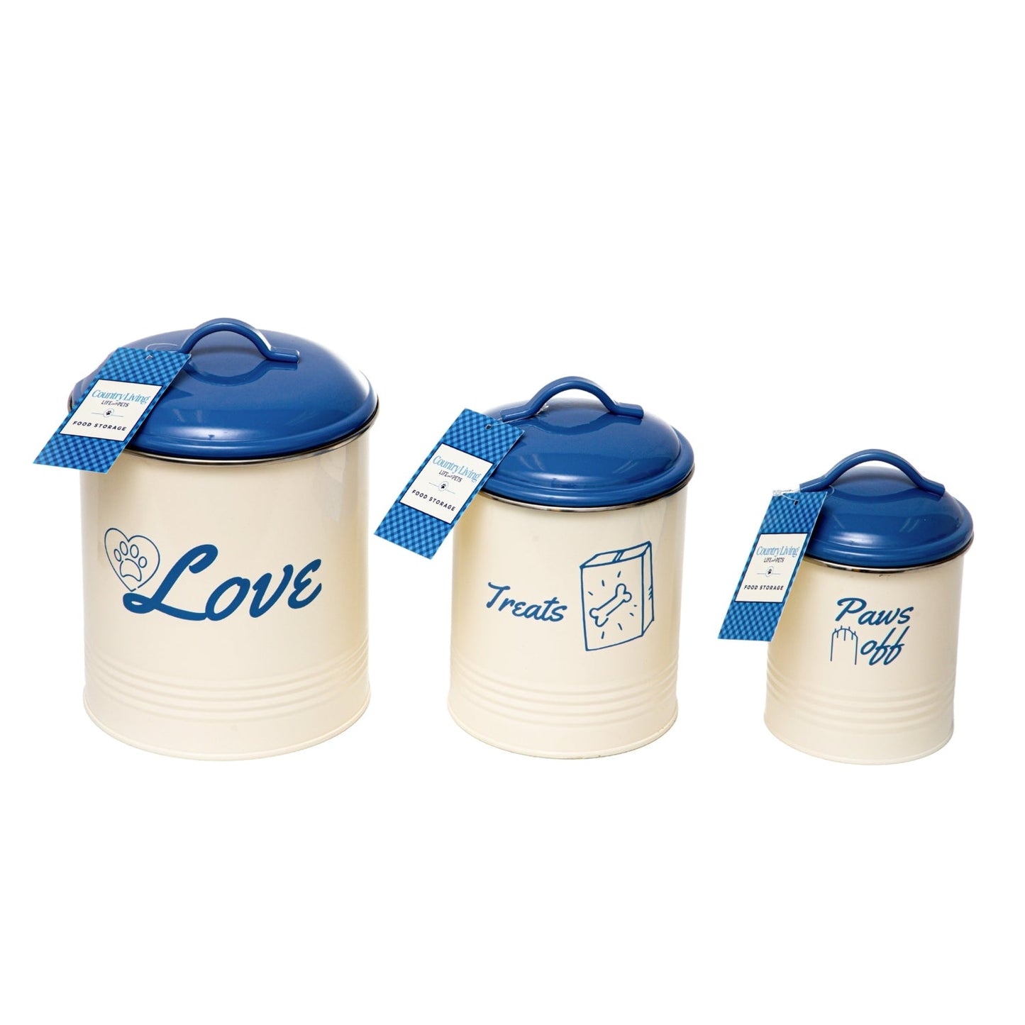 Country Living Set Of 3 Pet Treat Canisters Dog Treat Storage French Blue Lid