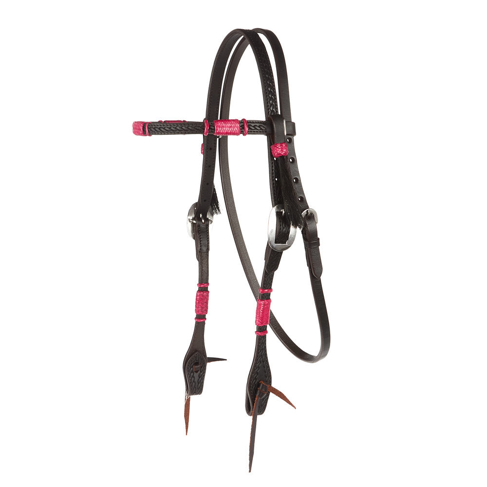 WD-RRSBH-P Hot Pink Rawhide Rope Tooled Browband Headstall