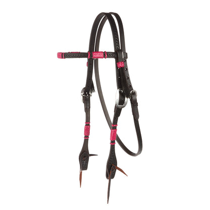 WD-RRSBH-P Hot Pink Rawhide Rope Tooled Browband Headstall