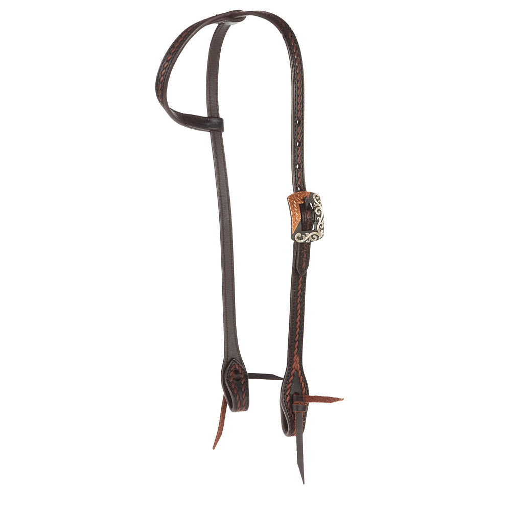 WD-RTSEH-HO-7 Heavy Oiled Rope Tooling Silver Scroll Copper Bar Double Buckle Single Ear Headstall