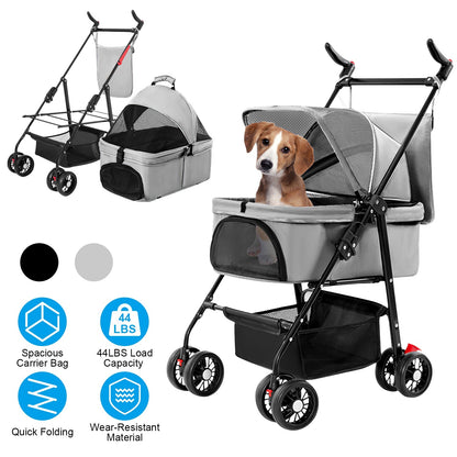 4 Wheels Pet Stroller Foldable Carrier Strolling Cart Travel Jogger Pet Stroller with Removable Liner Storage Basket for Dog Cat