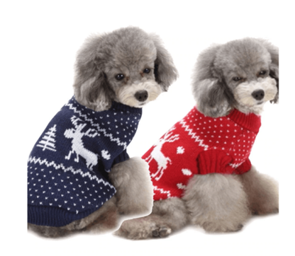 Festive Holiday Pet Sweater - Blue And Red Christmas Reindeer Design