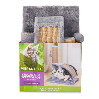 Upgrade your kitty's playtime with our 17" Deluxe Jute Cat Scratching Post & Arch Grooming Massager in stylish gray! 🐾✨ Perfect for happy paws and a healthy coat!