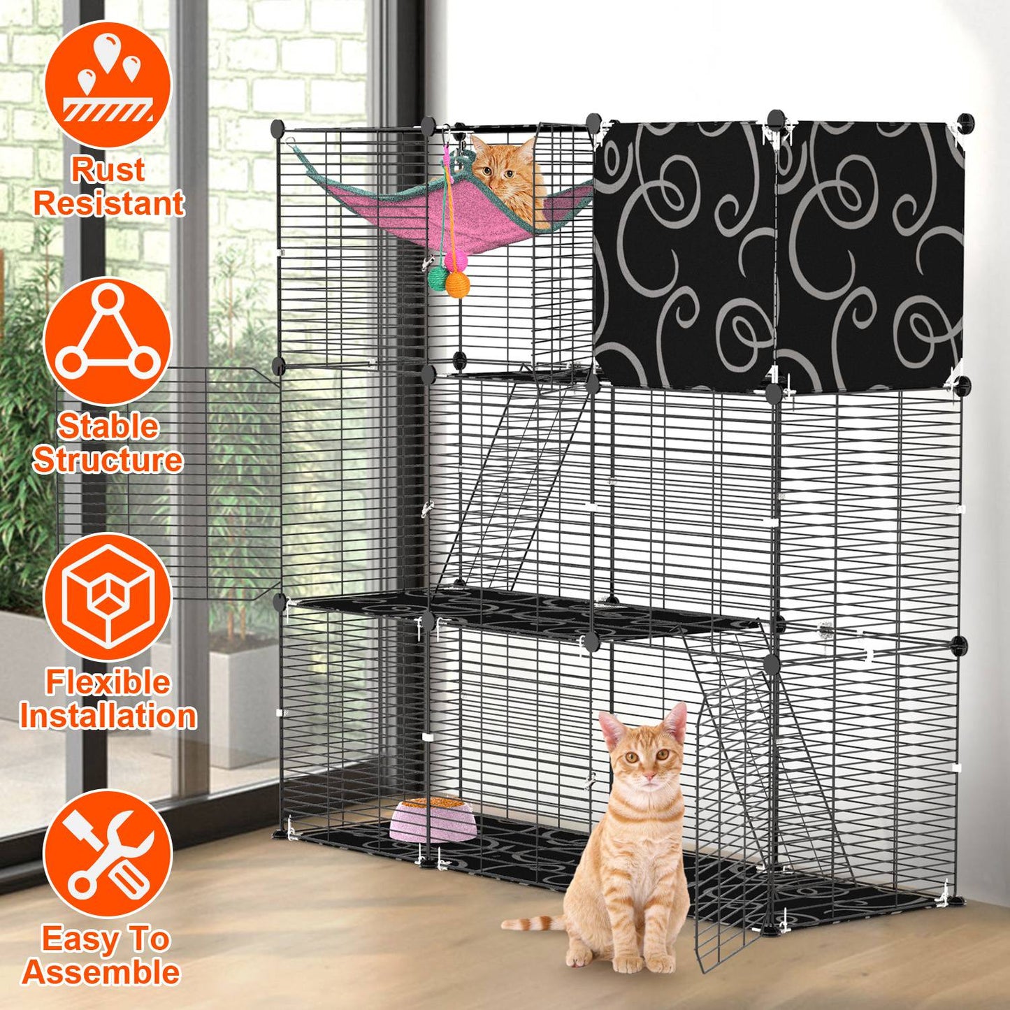 3-Tier Cat Cage Enclosure Indoor Cat Cage Playpen With Hammock Toy Ball Ladder DIY Iron Wire Cat House Kennels Crate For 1-2 Cats Ferret Rabbit Small