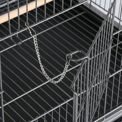 52''H Metal Rolling Bird Cage with 3 Perches & 4 Feeders & Extra Storage Shelf, Black