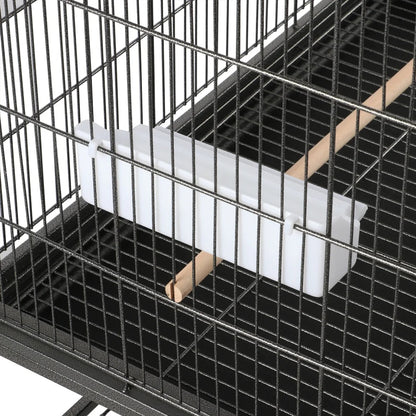 52''H Metal Rolling Bird Cage with 3 Perches & 4 Feeders & Extra Storage Shelf, Black