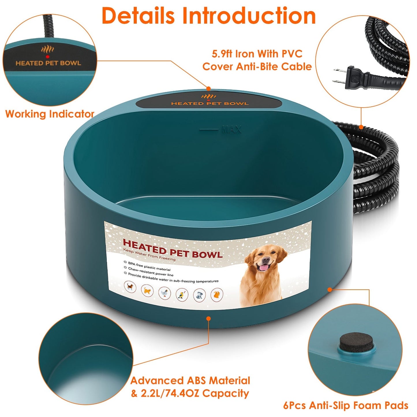 Heated Water Bowl for Dog Cat 74.4OZ Heating Water Dish IP67 Waterproof Thermal Water Bowl Heated Pet Bowl Dog Cat Water Feeder Bowl for Dog Cat Rabbi