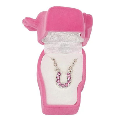AWST Int'l Aqua Rhinestone Horseshoe Necklace w/Horse Head Gift Box