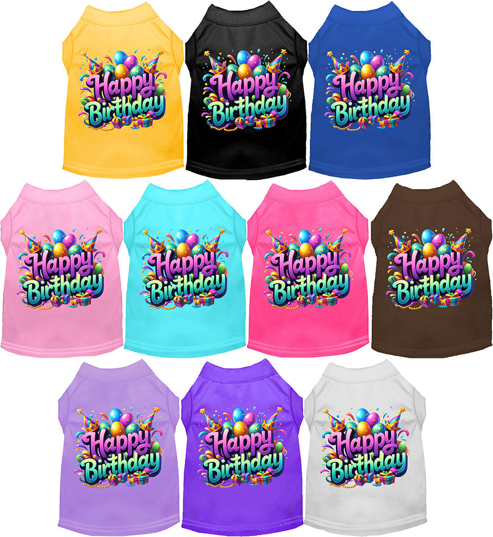 Pet wearing colorful Party Cat or Dog Shirt with "Happy Birthday" text