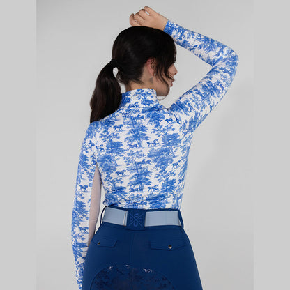 Dapplebay Equestrian Toile 1/4 Zip Light Riding Top - Long Sleeve-Blue/White