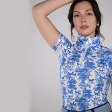 Dapplebay Equestrian Toile 1/4 Zip Light Riding Top - Short Sleeve-Blue/White