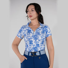 Dapplebay Equestrian Toile 1/4 Zip Light Riding Top - Short Sleeve-Blue/White