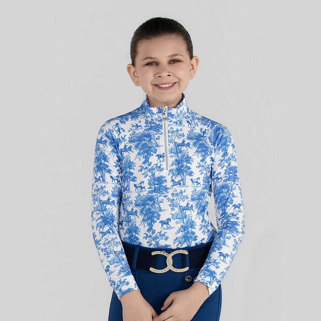 Dapplebay Kids Blue Equestrian Toile 1/4 Zip - Long Sleeve