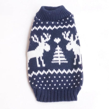 Festive Holiday Pet Sweater - Blue And Red Christmas Reindeer Design