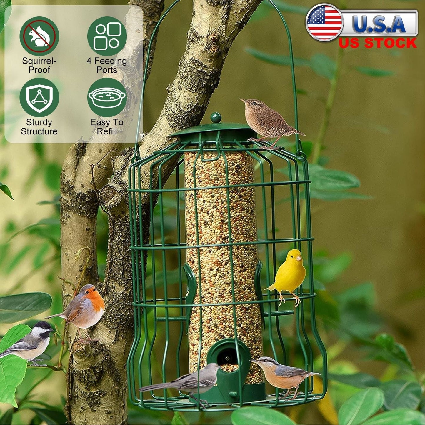 Outdoor Wild Bird Feeder Squirrel-Proof Chew-Proof Metal Hanging Seed Feeder with 4 Feeding Ports for Small Songbirds