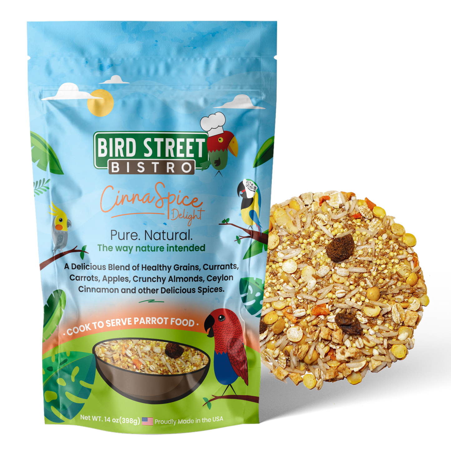 CinnaSpice parrot food nutritional chart with natural ingredients and health benefits