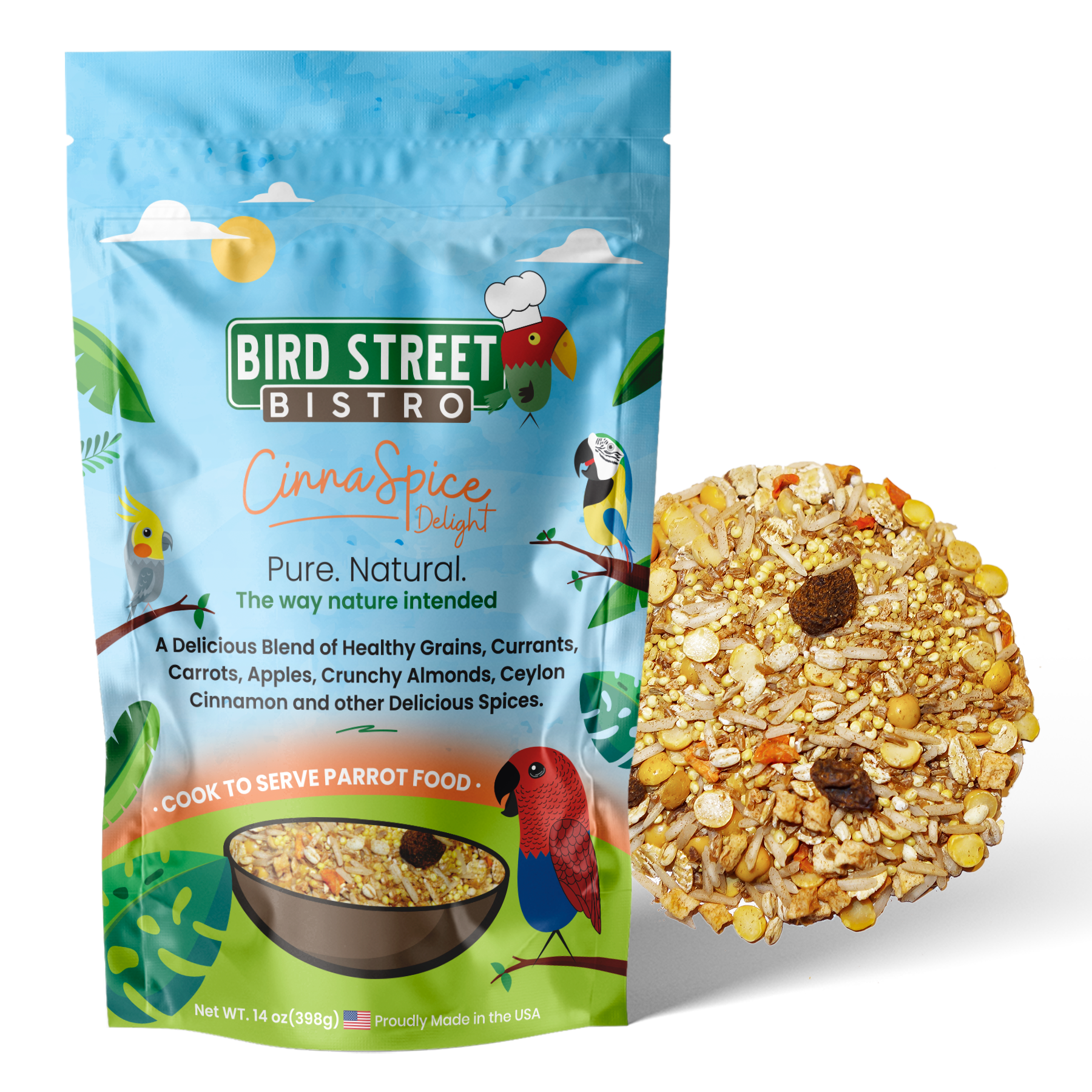 CinnaSpice parrot food nutritional chart with natural ingredients and health benefits