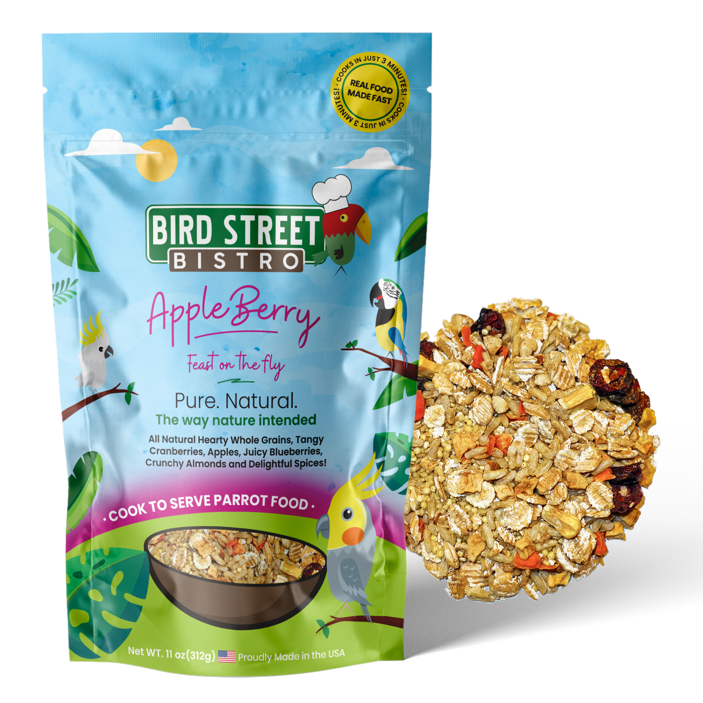 AppleBerry Feast on the Fly parrot food with natural dried fruits and spices packaging image
