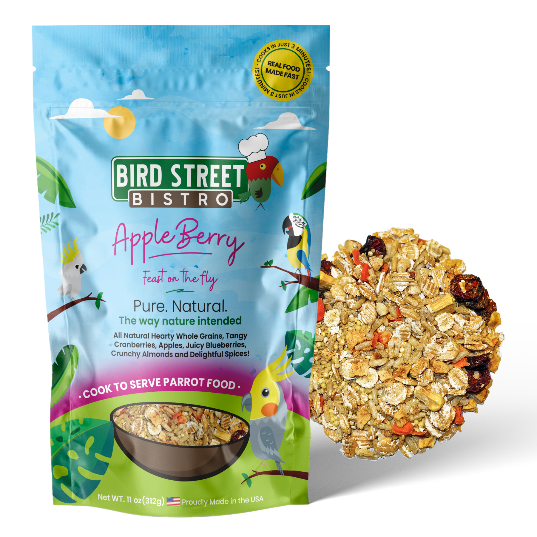 AppleBerry Feast on the Fly parrot food with natural dried fruits and spices packaging image