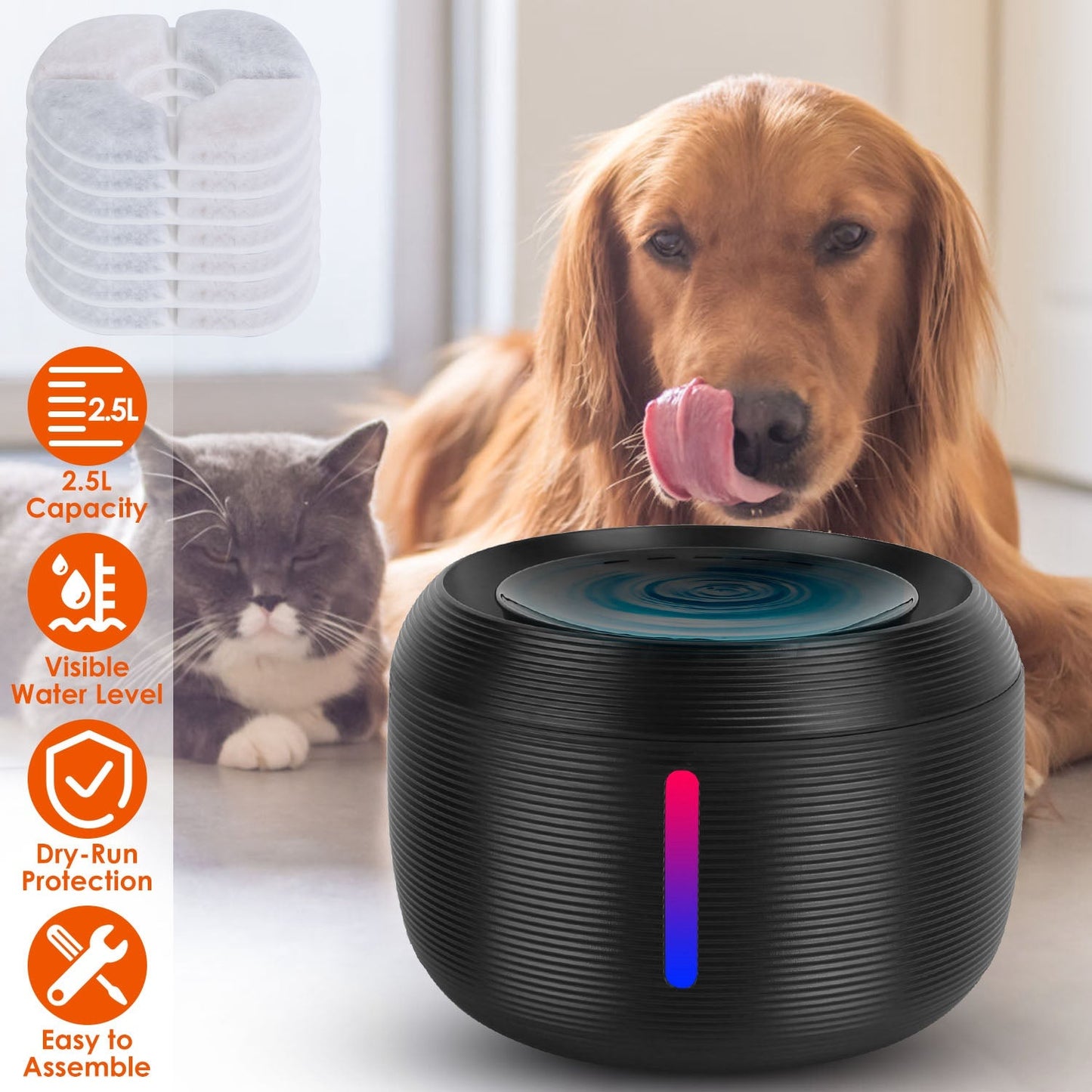 2.5L 84.54OZ Pet Water Fountain Smart Pet Drinking Fountain with LED Light 7 Pack Replaceable Filters Water Level Quiet Pump Dry-Run Protection Cat Do