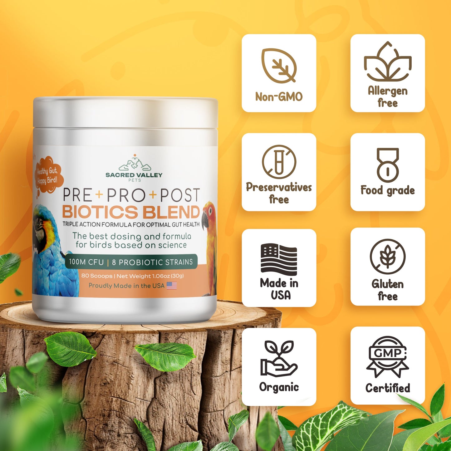 Organic Pre Pro Post Biotics Blend For Parrots 1 06Oz