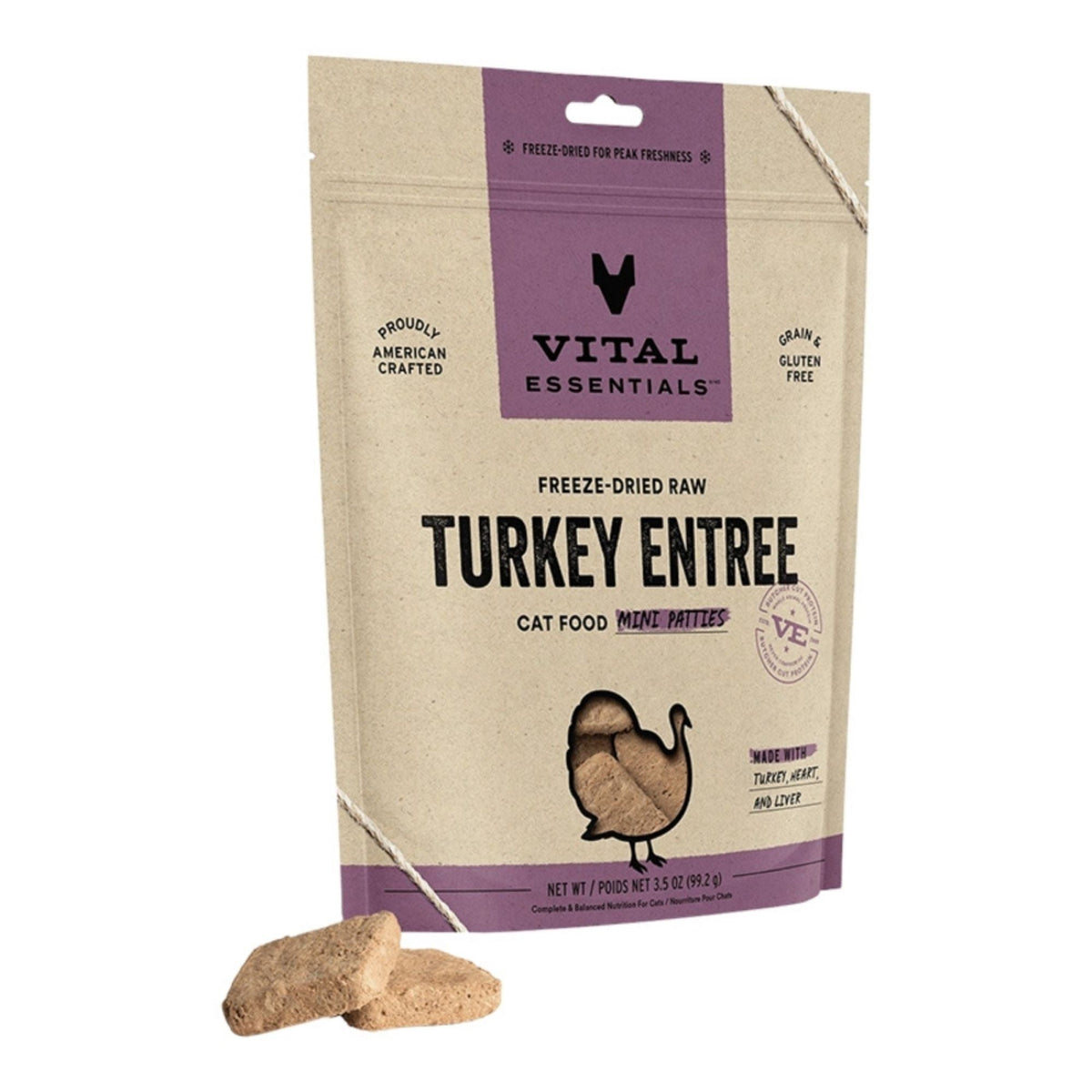 Vital Essentials Cat Freeze-Dried Raw Grain Free Turkey Entree Mini Patties 3.5oz.