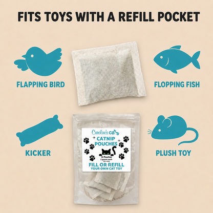 Caroline's Cats Organic Catnip Packets for Cat Toys – Refill Pouches for Flapping Bird, Flopping Fish, and More, 10 Tea Bags