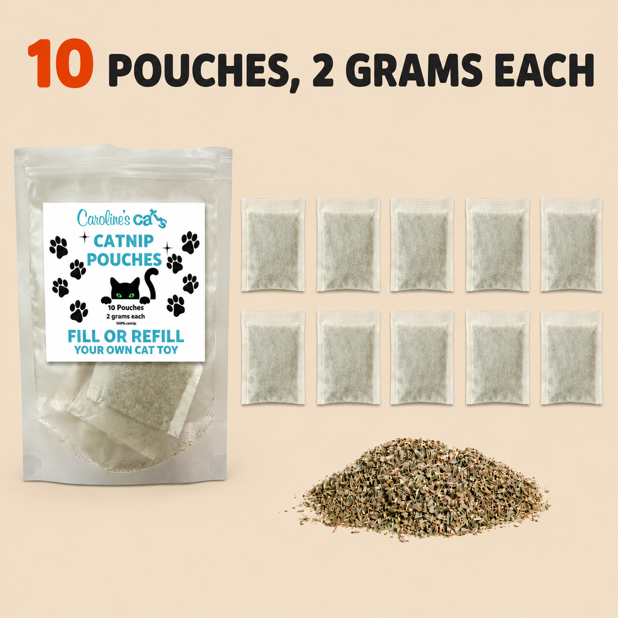 Caroline's Cats Organic Catnip Packets for Cat Toys – Refill Pouches for Flapping Bird, Flopping Fish, and More, 10 Tea Bags