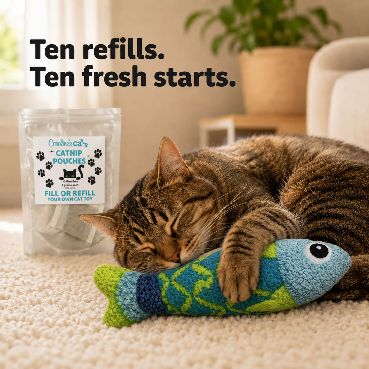 Caroline's Cats Organic Catnip Packets for Cat Toys – Refill Pouches for Flapping Bird, Flopping Fish, and More, 10 Tea Bags