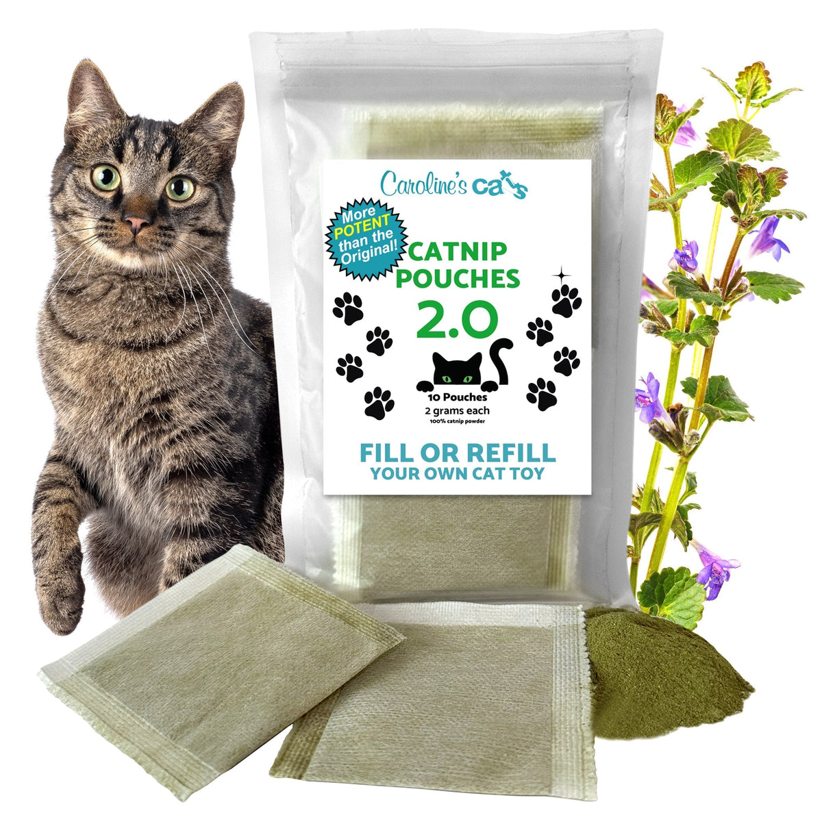 Caroline's Cats Organic Catnip packets with 10 refill pouches for cat toys like flapping bird and flopping fish