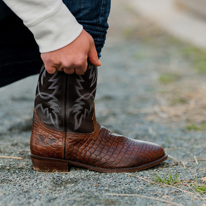 TuffRider Men's Grant Leather Printed Wide Square Toe Western Boots