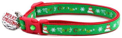 Merry Christmas Snowmen on Green Cat Collar