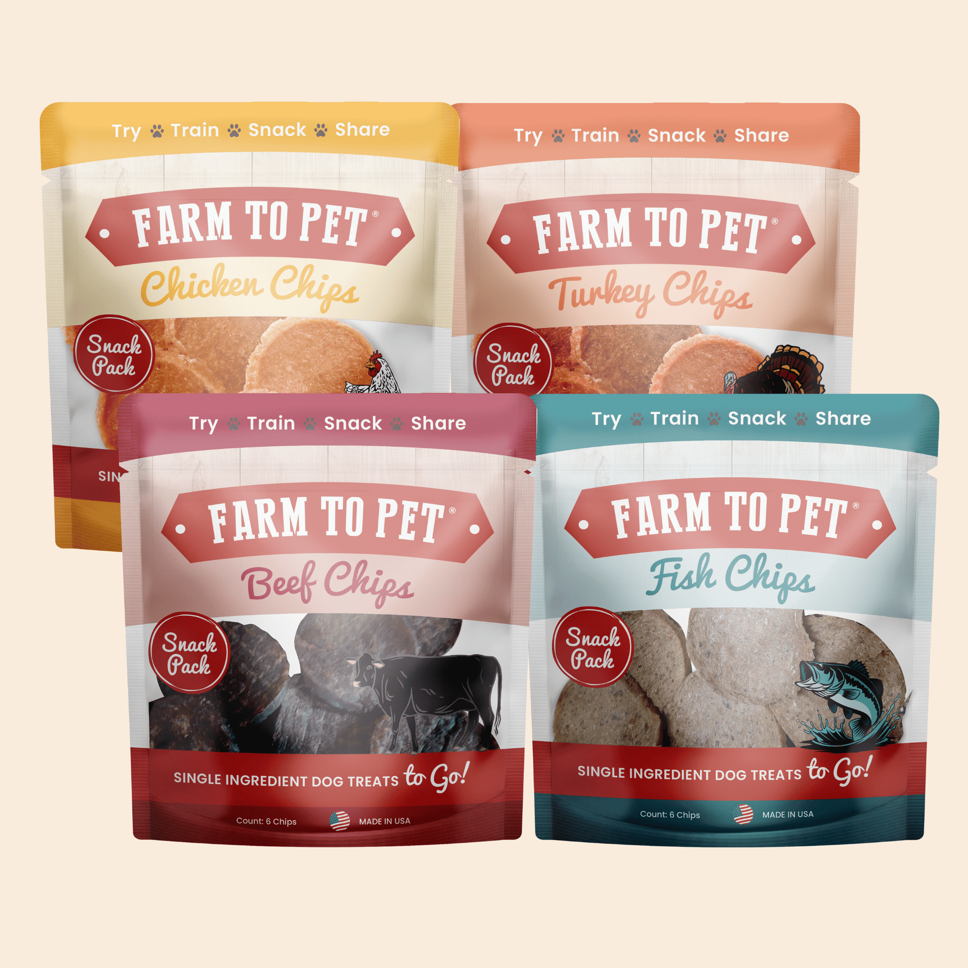 Farm to Pet Snack Pack Dog Treat Sampler with Chicken, Turkey, Beef, and Fish Chips in small bags