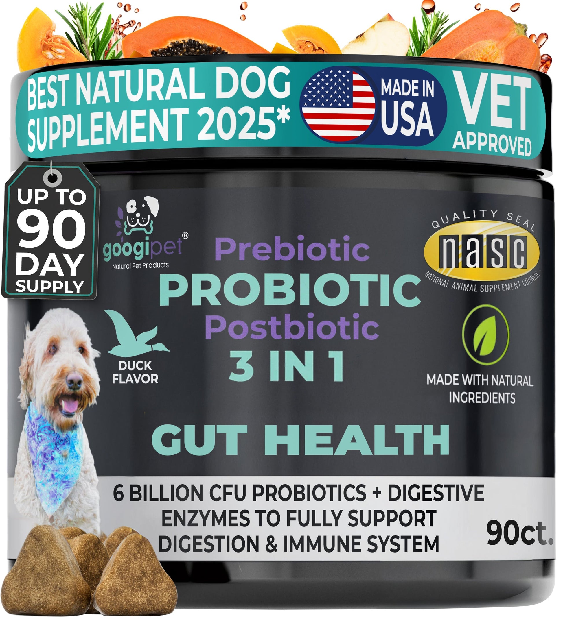 3 in 1 Probiotic Chews for dogs supplement jar with soft chews and natural ingredients label