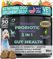 3 in 1 Probiotic Chews for dogs supplement jar with soft chews and natural ingredients label