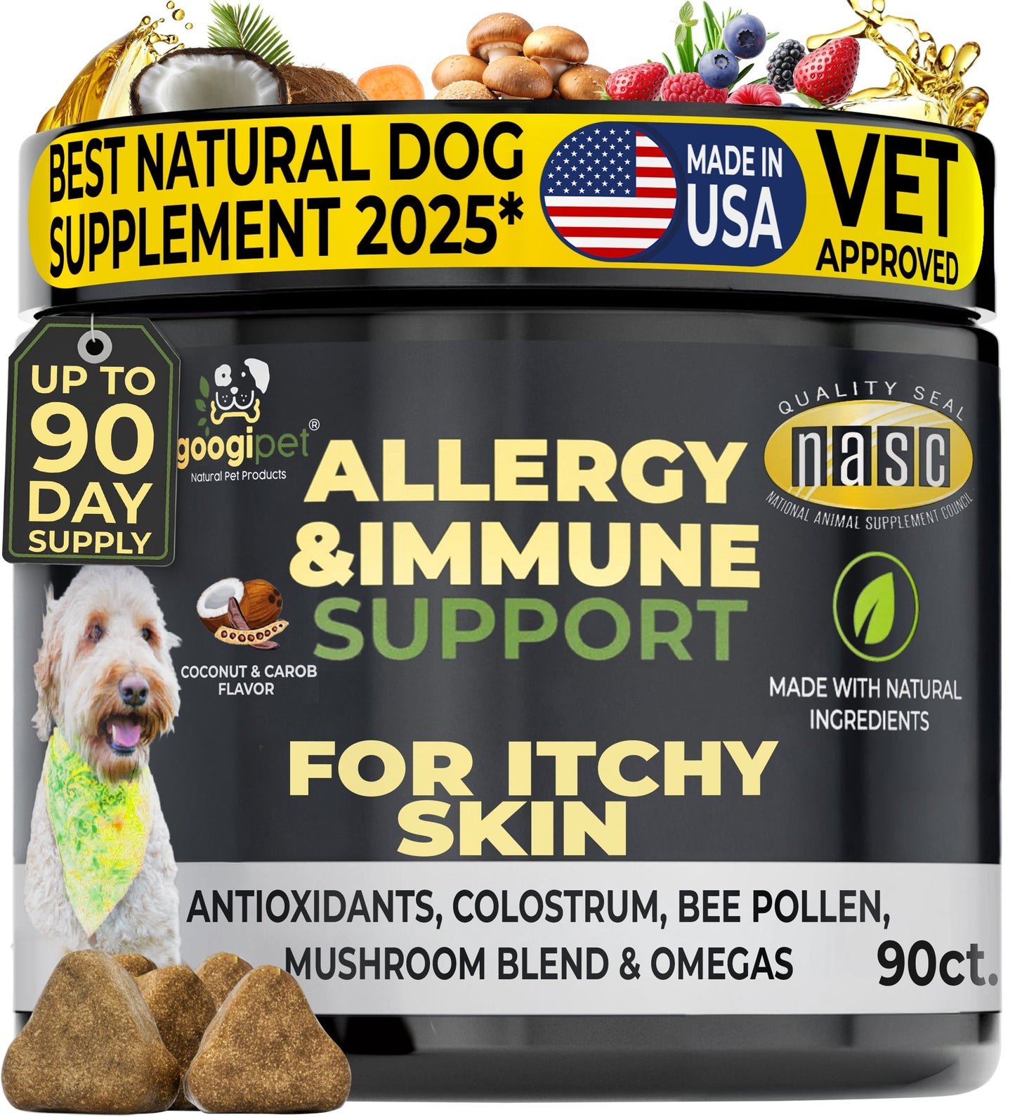Allergy & Immune Support Chews for Dogs with coconut and carob flavor, packed with vitamins, omega-3, probiotics, and bee pollen for allergy relief and immune health