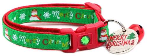 Merry Christmas Snowmen on Green Cat Collar