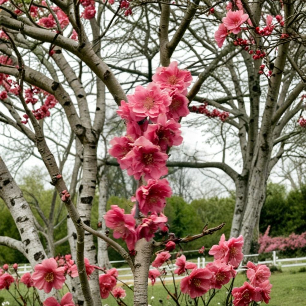 Crimson Cascade Weeping Flowering Peach Tree – Prunus persica Live Plant | 8–9 Feet Tall | Double Red Pink Blossoms