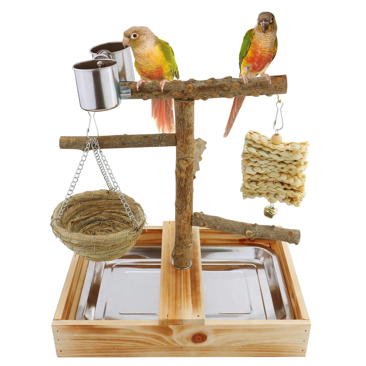 Mogoko Natural Bird Playground Bird Perches Bird Cage Accessories Bird Toys Playground Bird Perch Stand Parrot Stand Includes 2 Stainless Steel Cups And Removable Tray