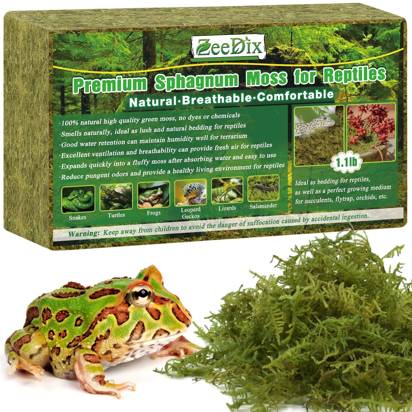 Zeedix 1 1Lbs Premium Sphagnum Moss For Reptile 25Qt Green Natural Live Moss Reptile Moss Bedding For Terrarium Plants Long Fiber Reptile Moss For Leopards Geckos Snakes Turtles Frogs