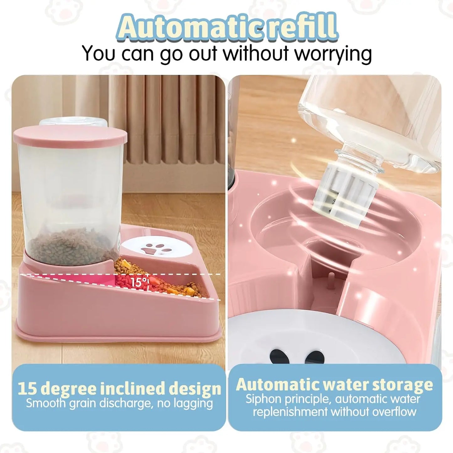 Automatic Cat Feeder Water Dispenser Set 2 In 1 Tilted Automatic Pet Food And Water Feeder Gravity Food Feeder And Waterer