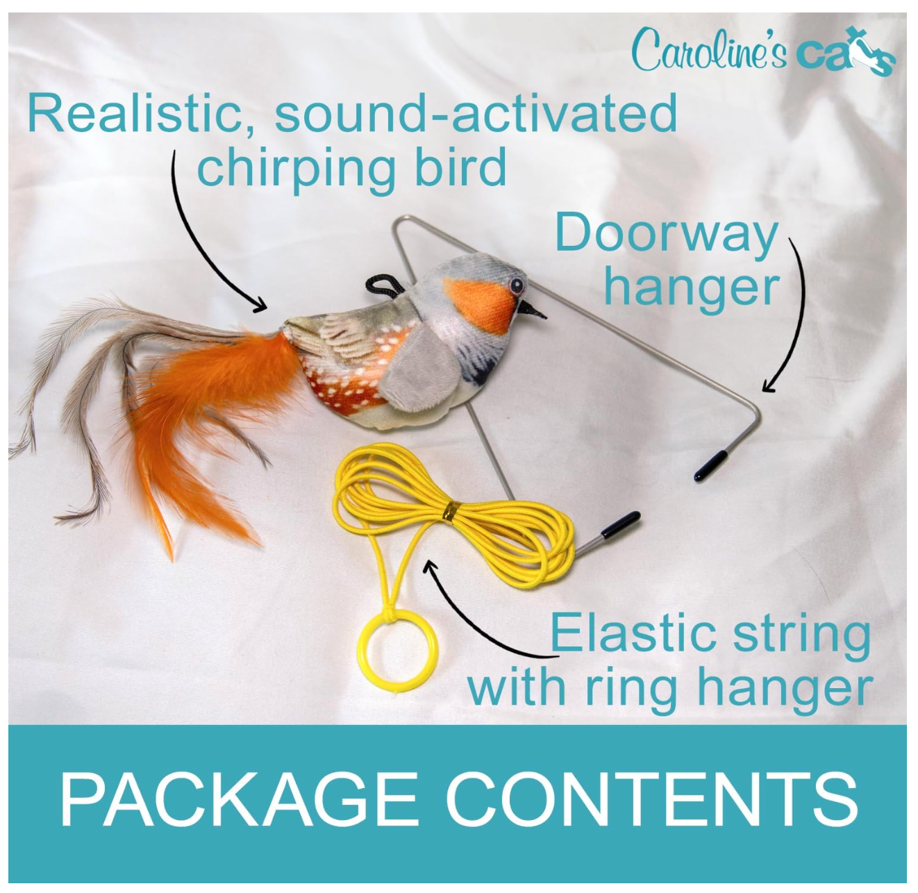 Carolines Cats Plush Chirping Bird Cat Toy On Elastic String With Doorway Hanger No Flimsy Suction Cups Real Electronic Avian Sounds