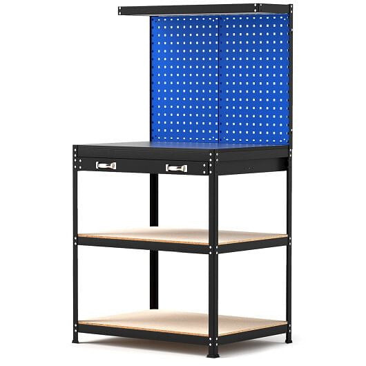 32 x 16 Inch Workbench Work Table with 2 PCs Pegboard Drawer and Shelves-Black