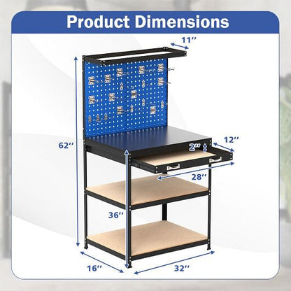 32 x 16 Inch Workbench Work Table with 2 PCs Pegboard Drawer and Shelves-Black