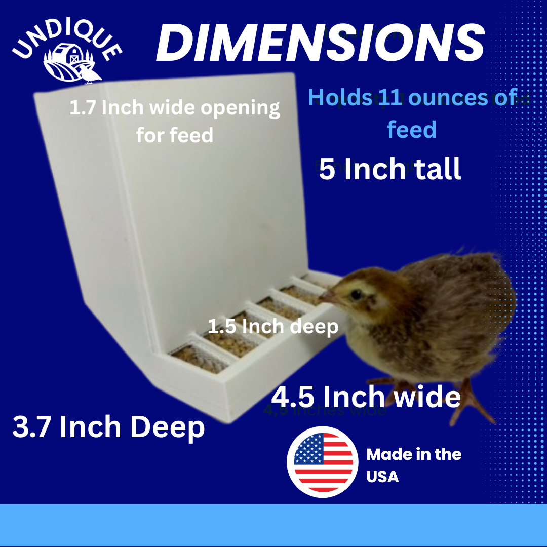 Front-Slot Quail Feeder Pair, Adjustable Spill-Resistant Design, for Hatching Time Chimuka Cage Systems, Made in USA