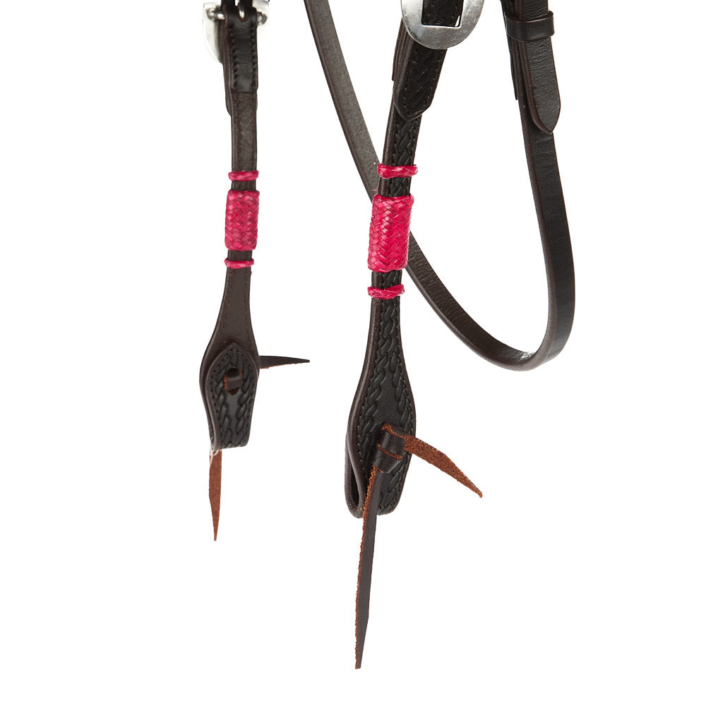 WD-RRSBH-P Hot Pink Rawhide Rope Tooled Browband Headstall