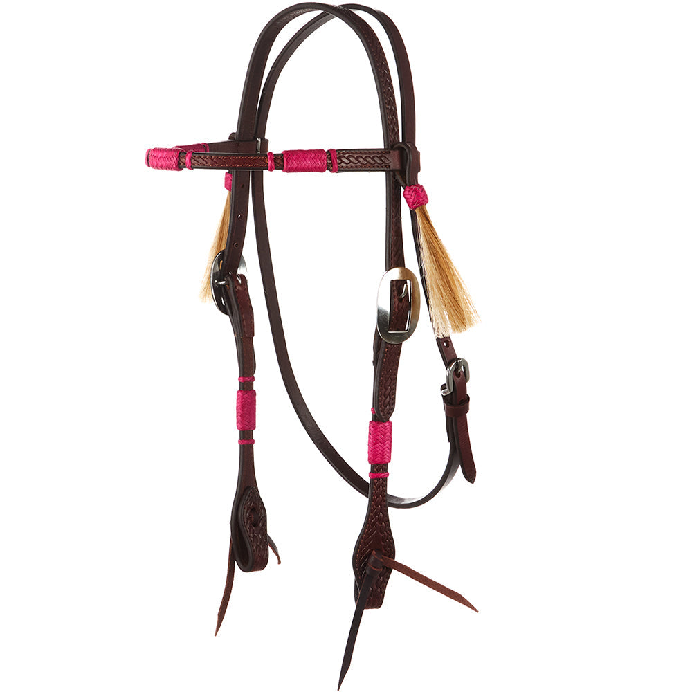 WD-RRSBH-P Hot Pink Rawhide Rope Tooled Browband Headstall
