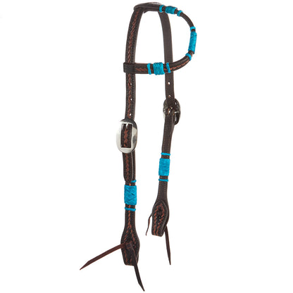 WD-RRSEH-T Turquoise Rawhide Rope Tooled Single Ear Headstall