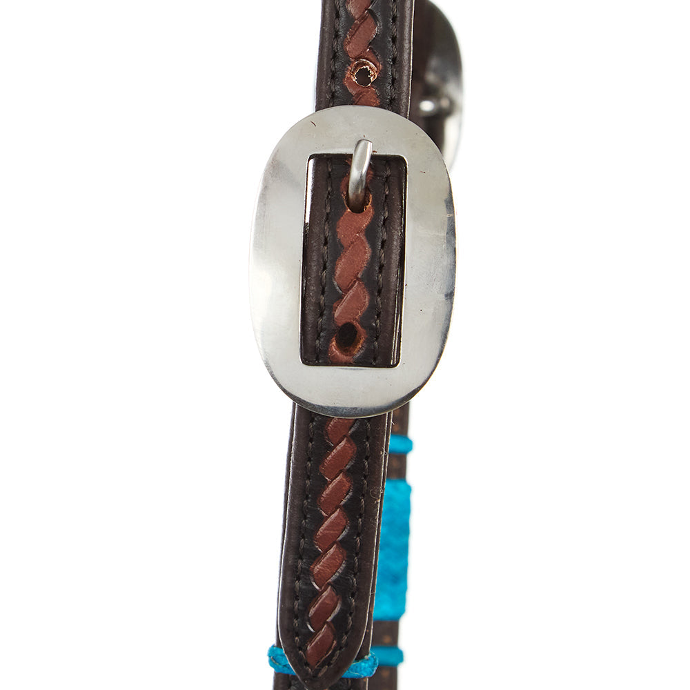 WD-RRSEH-T Turquoise Rawhide Rope Tooled Single Ear Headstall